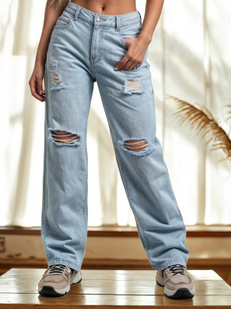 Pantalón de jean wide leg tipo palazzo, tiro alto, de tela