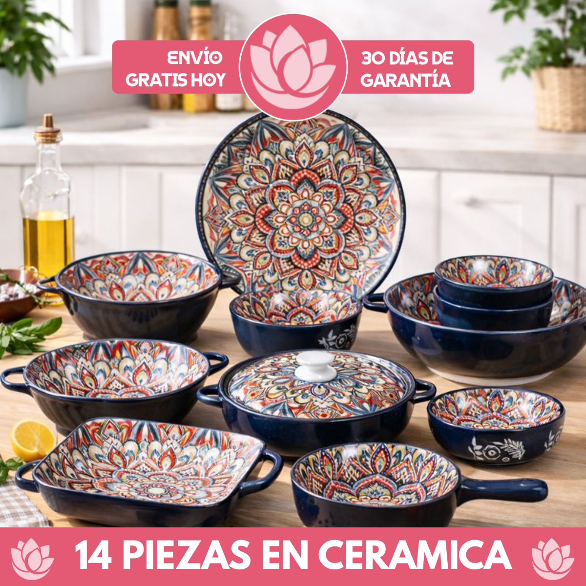 Juego de Comedor Completo de 14 Piezas en Cerámica con Estampa Elegante y Diseño Atemporal
