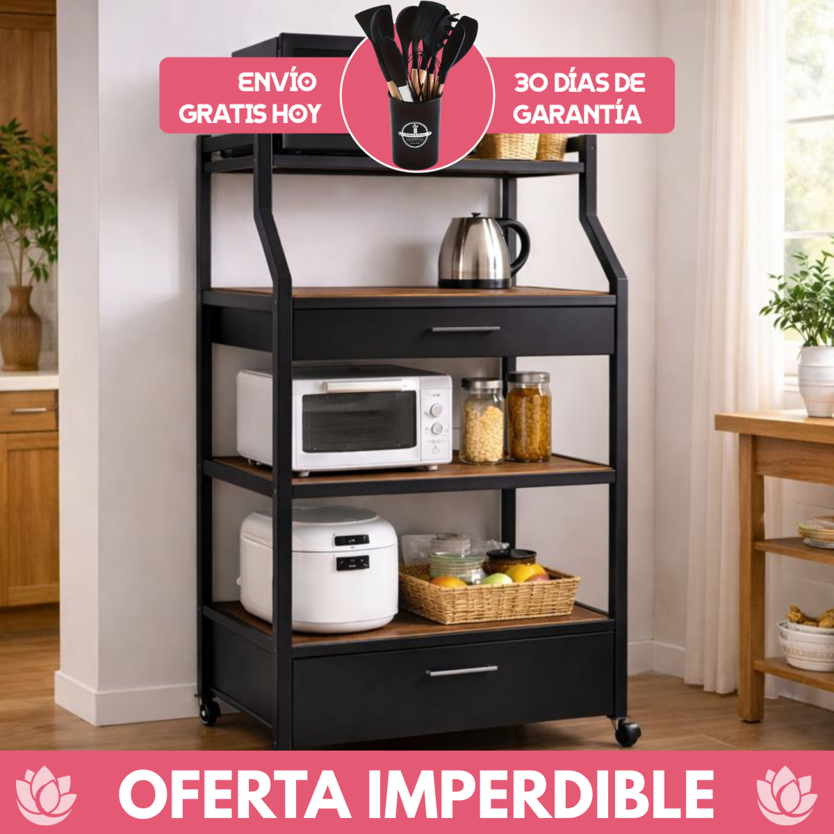 Organizador Multifuncional de Cocina de 5 Niveles en Acero Inoxidable y Madera +REGALO: Kit de Utensilios de Cocina