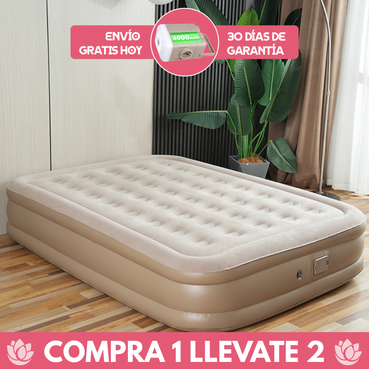 [Llevá 2 Pagá 1] Colchón Inflable King Portátil con Revestimiento Triple Antidesgarro +REGALO: Bomba de Aire Eléctrica